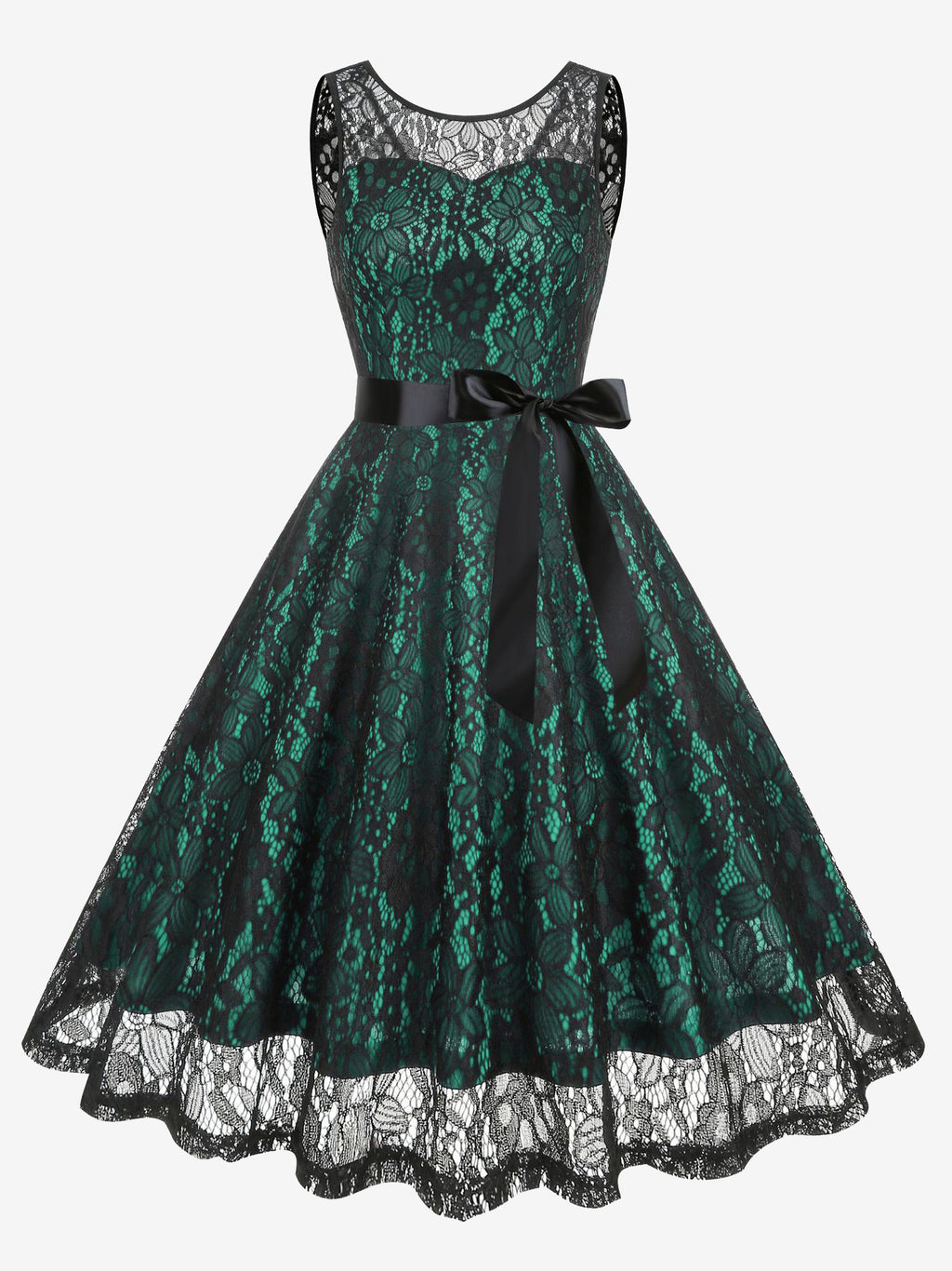 Retro Dress Green 1950s Style Two-Tone Sash Sleeveless V-Neck Medium Rockabilly Dress