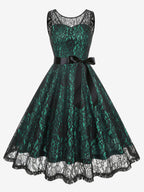 Retro Dress Green 1950s Style Two-Tone Sash Sleeveless V-Neck Medium Rockabilly Dress