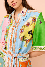 Linen Blend Unique Printed Short Sleeved Pocket Tie Waist Mini Dress(One Size UP)