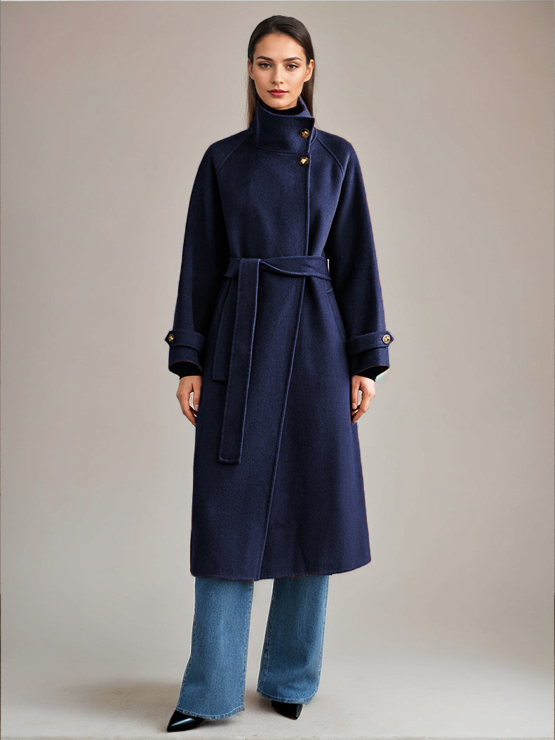 White Wool Cashmere Blend Coat Stand Collar Double-Faced Belted Winter Outerwear For Women 2026