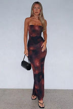 Strapless Large Lily Floral Print Mesh Bodycon Maxi Dress