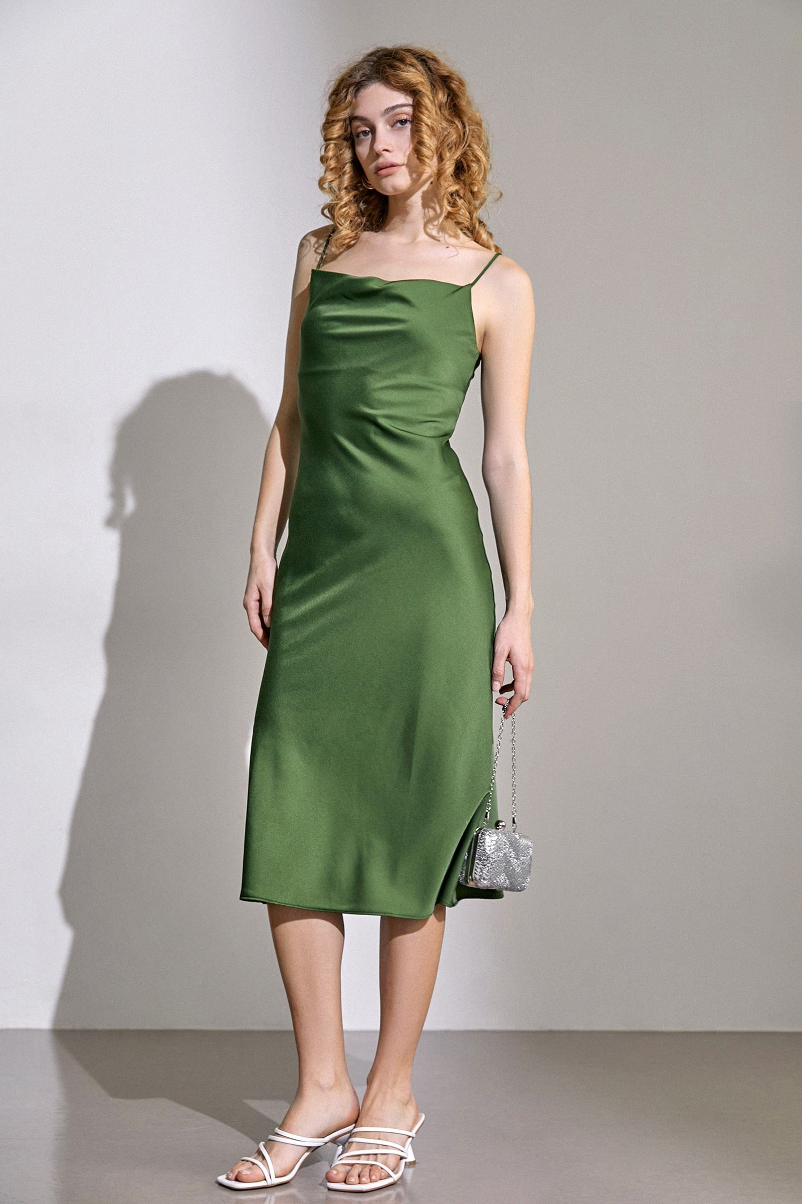 Cowl Neck Spaghetti Strap Satin Slip Midi Dress