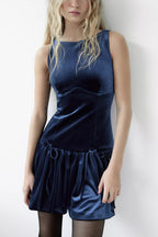 Velvet Bow Trim Drop Waist Gathered Pleated Mini Dress