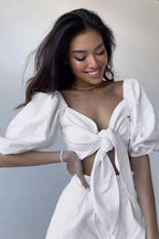 Linen Wrap Front Tie Puff Sleeve Shorts Sets In White