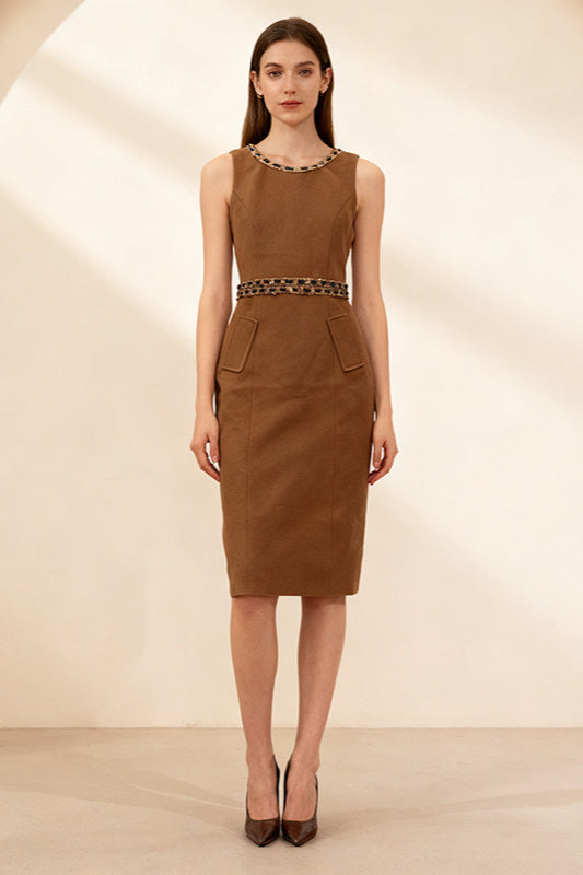 Brown Faux Fur Sleeveless Embellished Midi Dress