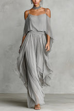 Solid Color Chiffon Off-shoulder Camisole Top and Casual Wide-leg Pants Set