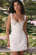 Lace Panel Tie Front Keyhole Square Neck Mini Dress