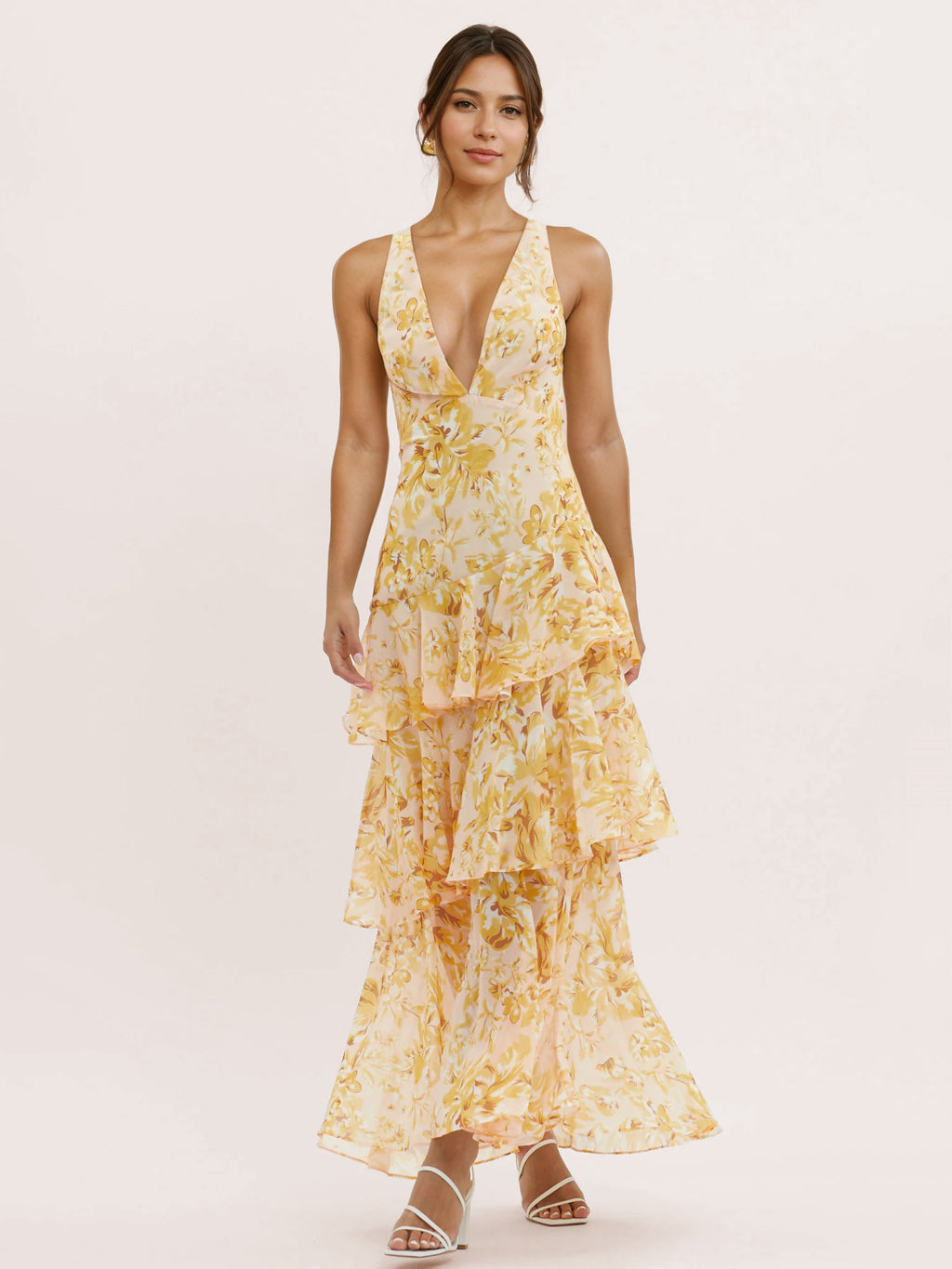 Floral Printed Layered Ruffle Long Dress With Deep V-Neck And Open Back 2026