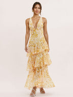 Floral Printed Layered Ruffle Long Dress With Deep V-Neck And Open Back 2026