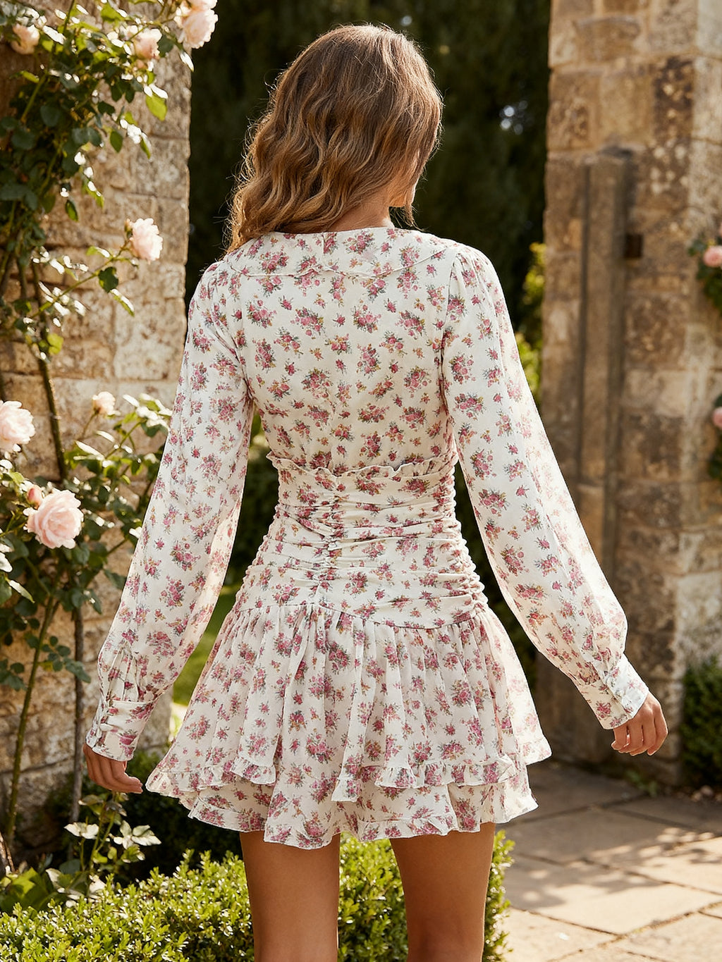 Pink Floral Print V-Neck Long Sleeve Mini Dress For Summer 2026