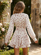 Pink Floral Print V-Neck Long Sleeve Mini Dress For Summer 2026