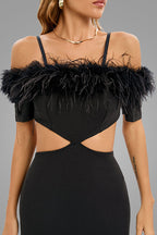 Feather Trim Off Shoulder Cutout Evening Maxi Dress - Black