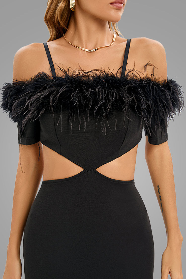 Feather Trim Off Shoulder Cutout Evening Maxi Dress - Black