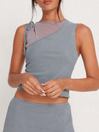 Mesh Stitching Asymmetric Lace Up Tank Top