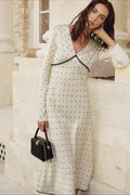 Polka Dot Satin Deep V-Neck Long Sleeve Lace Trim Empire Waist Midi Dress