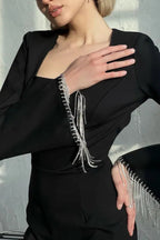 Rhinestone Fringe Bell Sleeve Arched Back Cutout Mini Dress