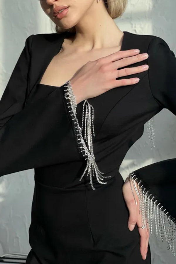 Rhinestone Fringe Bell Sleeve Arched Back Cutout Mini Dress