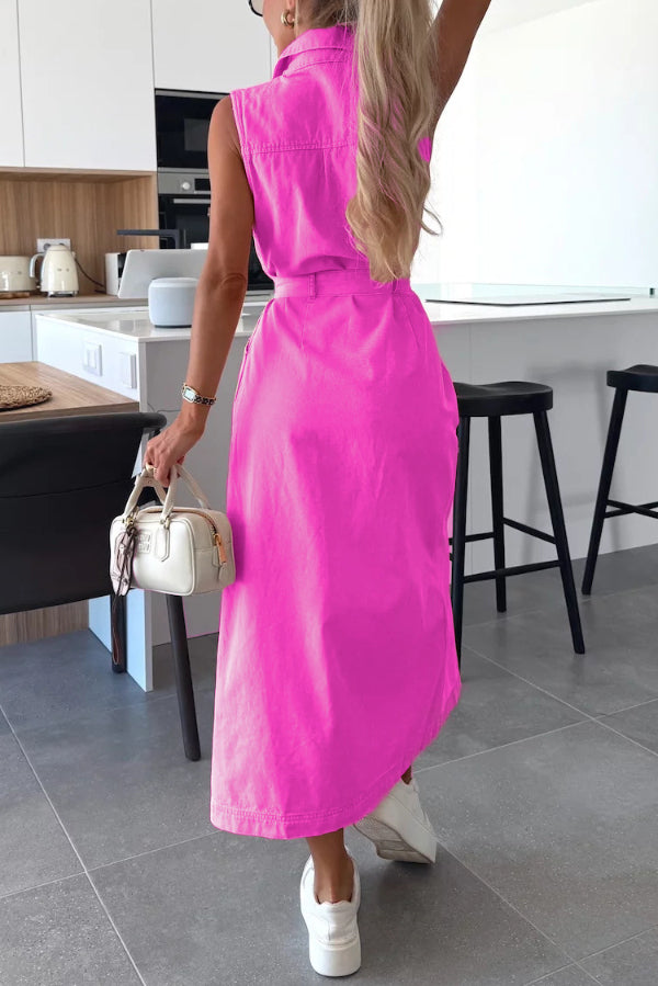 Solid Color Sleeveless Single Breasted Waist Tie Casual Pocket Denim Midi Dress