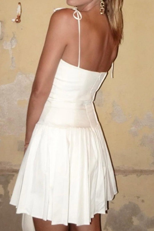 Spaghetti Strap Tie Shoulder Corset Bodice Pleated Skater Mini Dress