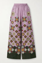 Satin Unique Print Loose Batwing Sleeve Top and Elastic Waist Pocket Casual Wide-leg Pants Set