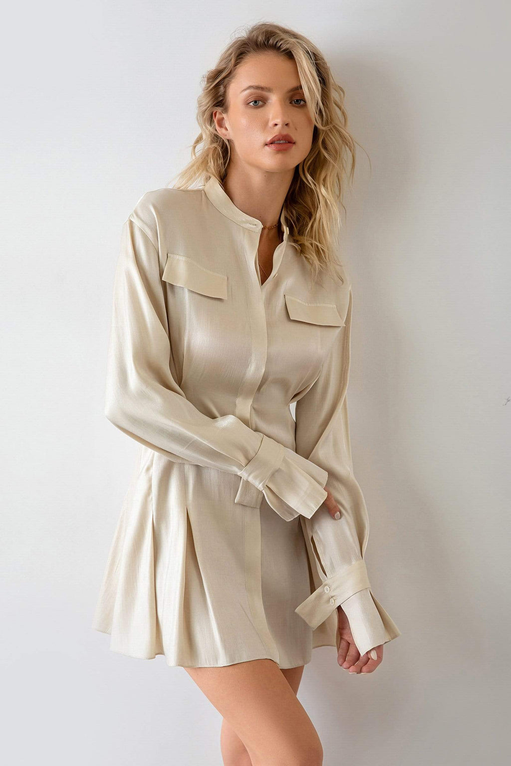Satin Shirt Collar Button-Front Pleated Mini Dress