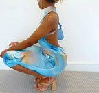 Tie Dye Mock Neck Side Cut Out Open Back Ruched Bodycon Midi Dress