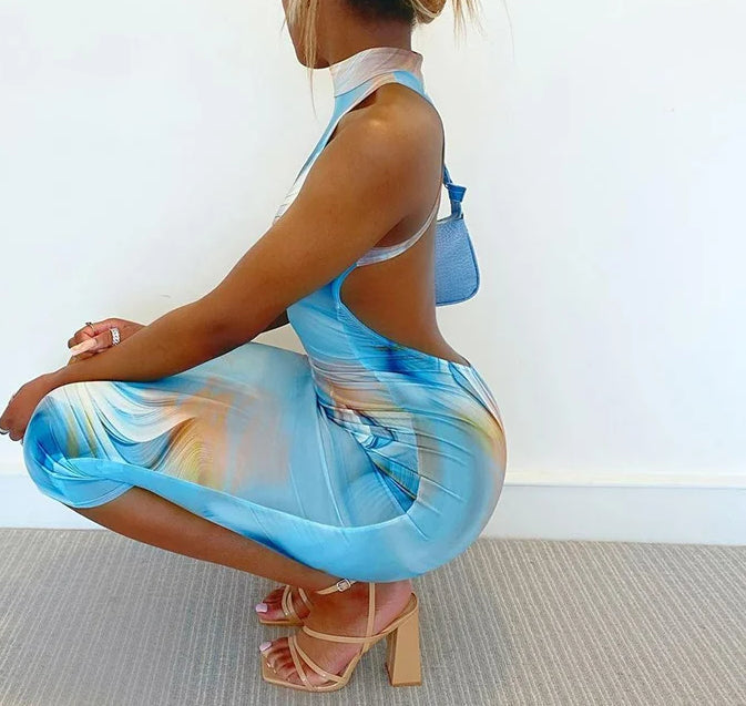 Tie Dye Mock Neck Side Cut Out Open Back Ruched Bodycon Midi Dress