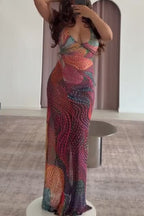 Fashionable Colorful Printed Sleeveless Halter Neck Slim-fit Maxi Dress