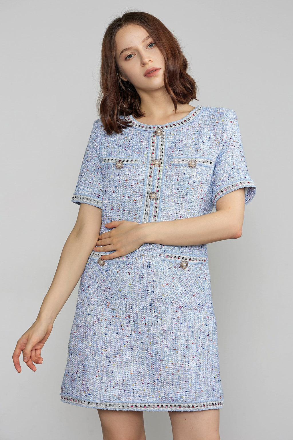 Round Neck Tweed Button Front Flap Pocket Braided Trim Mini Dress