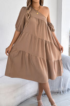 Solid Color Loose Slash Neck Short-sleeved Casual Midi Dress
