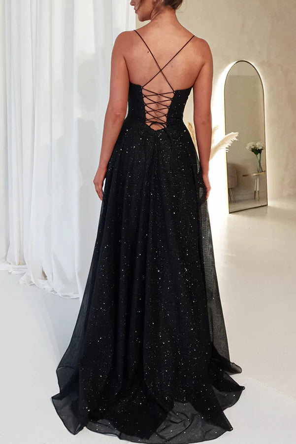 Glitter Cowl Neck Corset Bodice Spaghetti Strap Pleated High Split Pocketed Maxi Gown