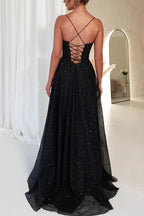 Glitter Cowl Neck Corset Bodice Spaghetti Strap Pleated High Split Pocketed Maxi Gown