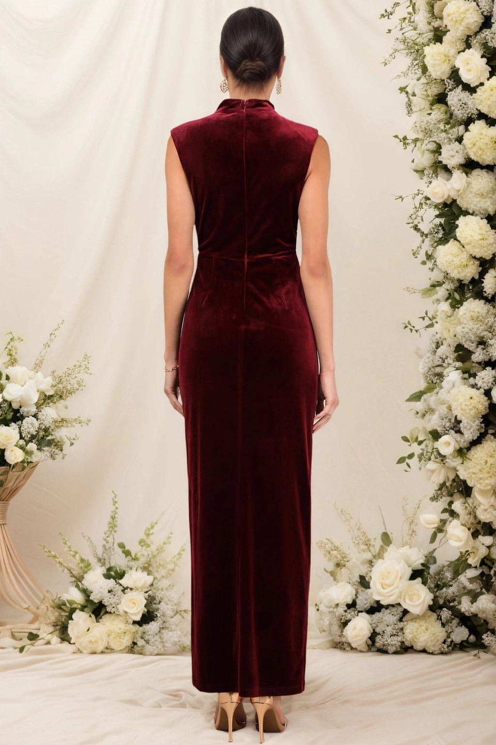 Red Mandarin Collar Slit Maxi Dress