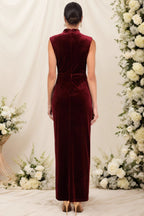 Red Mandarin Collar Slit Maxi Dress