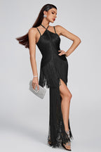 Halter Spaghetti Strap Tiered Fringe Maxi Dress