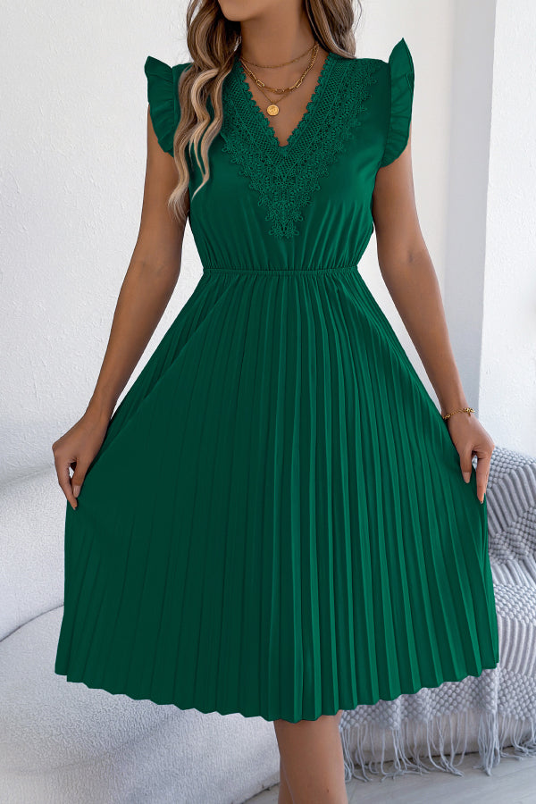 Solid Color V-neck Lace-trimmed Sleeveless Casual Pleated Midi Dress