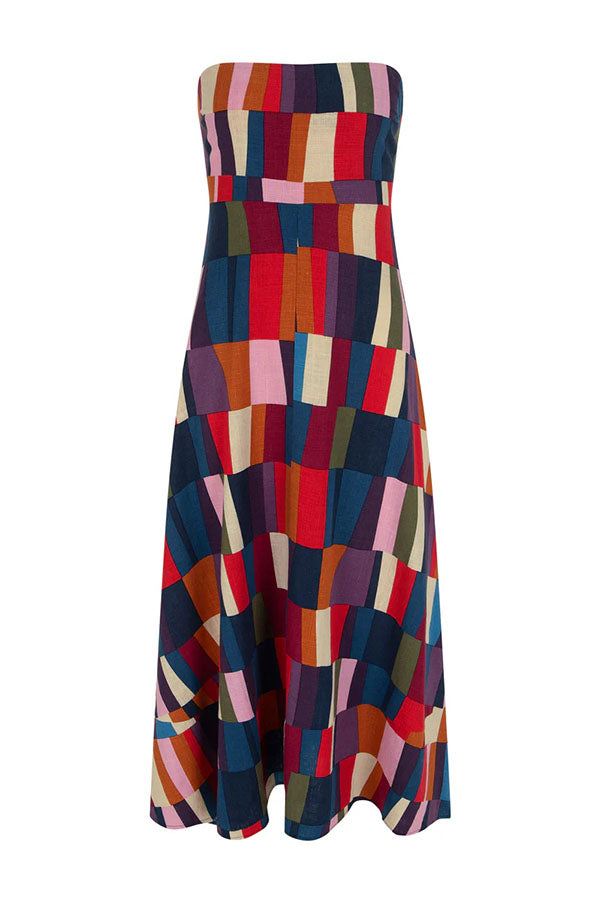 Retro Chic Linen Blend Colorful Color Block Strapless Back Smocked Midi Dress