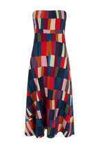 Retro Chic Linen Blend Colorful Color Block Strapless Back Smocked Midi Dress