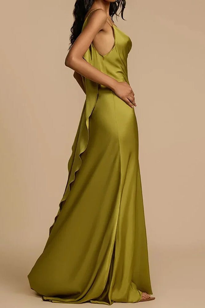 Spaghetti Strap Cowl Neck Thigh Slit Satin Maxi Dress