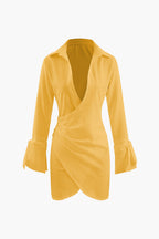 Collar Deep V Neck Tie Cuff Wrap Shirt Mini Dress