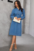 Denim Shirt Collar Long Sleeve Button Front Relaxed Midi Dress