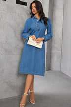 Denim Shirt Collar Long Sleeve Button Front Relaxed Midi Dress