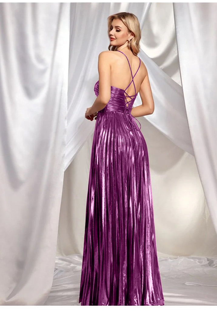 Pleated Metallic Halter Neck Cutout High Slit Maxi Gown