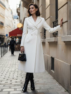 White Woolen Double-Breasted Midi Coat With Sharp Lapel And X-Line For Women 2026