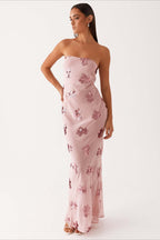 Pink Strapless Sequin Floral Embroidery Column Maxi Dress