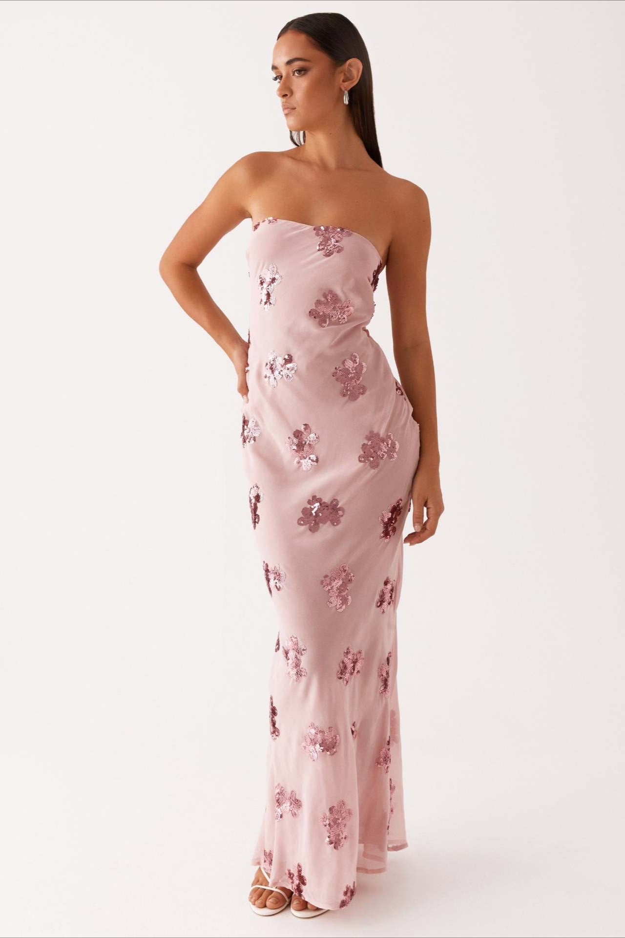 Strapless Sequin Embroidery Backless Floral Dress