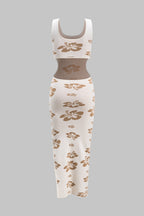 Knit Floral Print Cut Out Slit Sleeveless Dress