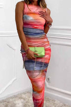 Abstract Print Mesh Ruched Bodycon Midi Dress