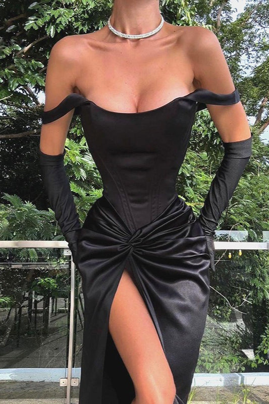 Satin Off Shoulder Corset Knotted Ruched Waist High Slit Maxi Gown
