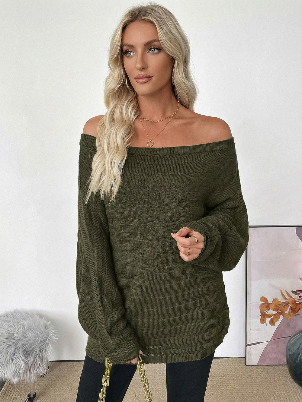 Off Shoulder Loose Fit Long Sleeve Knitted Sweater Top For Women 2026
